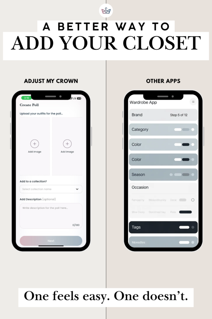 Split screen left screen shows a create poll form with two image slots right screen shows wardrobe app fields brand category color season |
