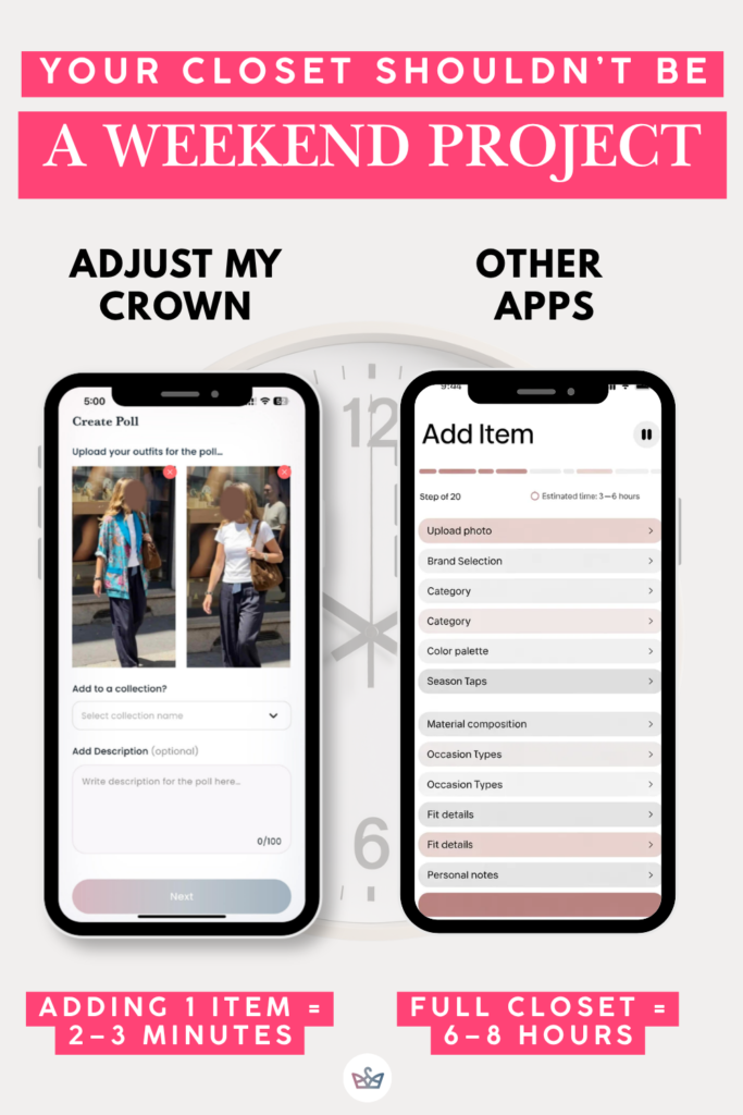 Infographic with two smartphones left shows a'Create Poll' screen upload of outfits; right shows an 'Add Item' form. Top pink banner reads 'Your closet shouldn’t be a weekend project.'