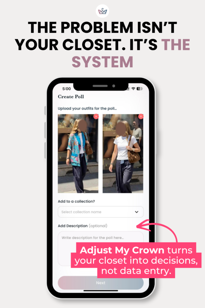 Mobile app mockup on a phone screen for creating a poll to compare outfits showing two side by side outfit photos and form fields beneath them