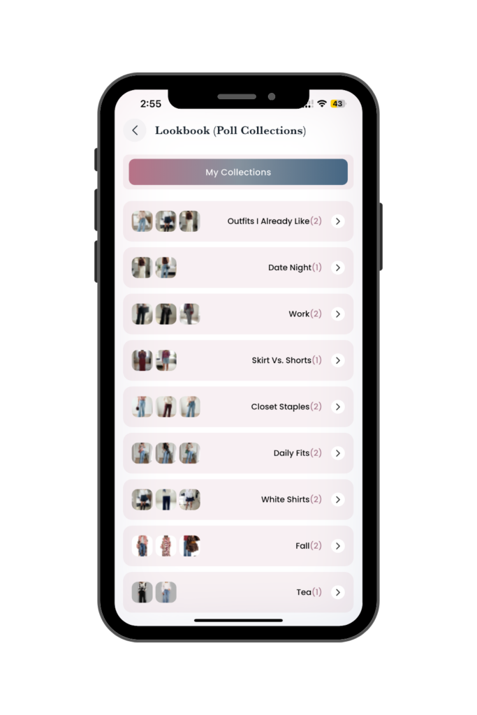 Mobile screen showing'Lookbook (Poll Collections)' with a gradient 'My Collections' button and a vertical list of collection cards with avatar thumbnails.