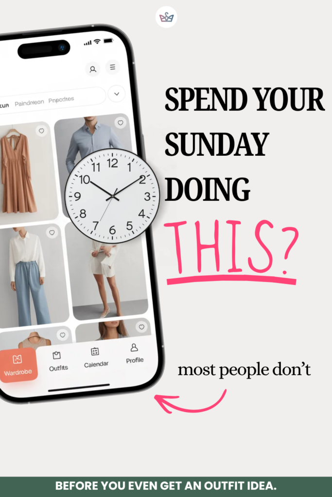 Promotional image of a tilted smartphone showing clothing cards a clock overlay and bold text asking to spend sunday doing this with'THIS?' and a pink underline.