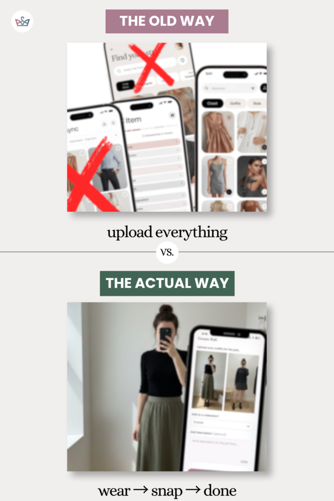Old way vs actual collage showing rejected app screenshots with red x and a person photographing outfits for listing new items