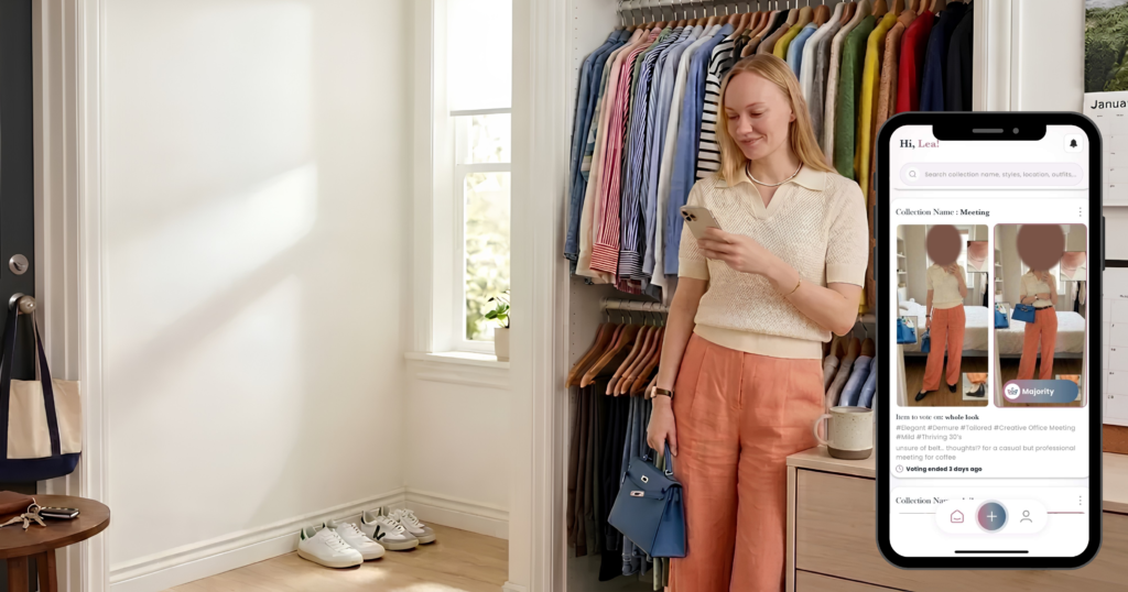 Woman in a clothing boutique looks at her phone, browsing a fashion app with a wardrobe gallery shown on screen.