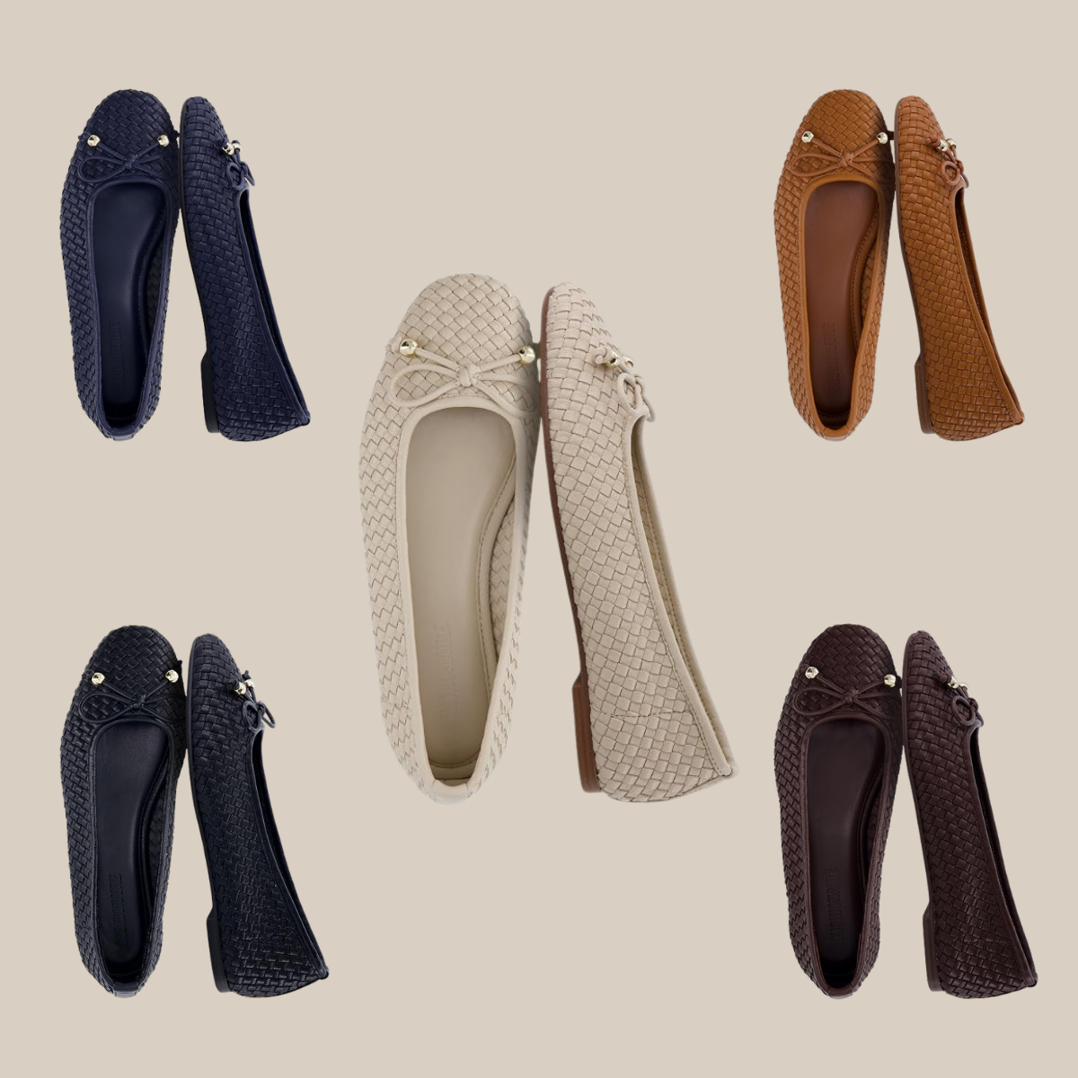 Six woven ballet flats arranged in a circle around a cream pair in the center on a beige background colors include navy ivory tan camel and burgundy Tldr winter work outfits are easier with seven closet staples kick crop pants office shoes in the same color a button down a merino sweater a third piece weatherproof boots and a work tote Pair the pants and shoes in one color then build the top half around a button down and a merino sweater with a  adjust my crown