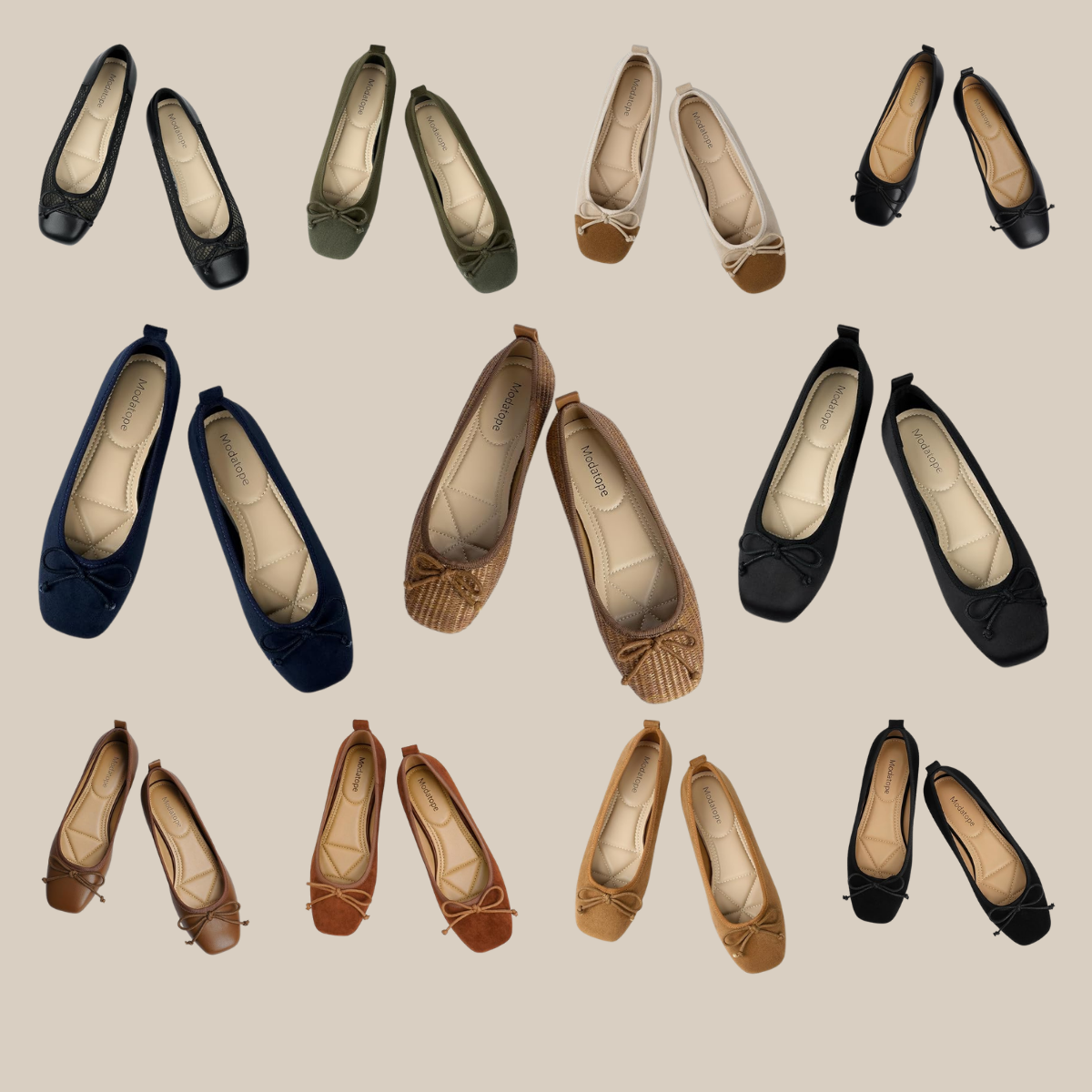 Collection of sixteen womens ballet flats in various colors on a beige background each with a small bow at the toe Tldr winter work outfits are easier with seven closet staples kick crop pants office shoes in the same color a button down a merino sweater a third piece weatherproof boots and a work tote Pair the pants and shoes in one color then build the top half around a button down and a merino sweater with a  adjust my crown