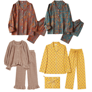 Four matching pajama sets in orange floral teal floral brown gingham and yellow floral with long sleeve tops pants and a small coordinating pouch Fall sets for every kind of sleeper tldr pick pajamas by how you sleep not by the print Hot sleepers gauze short sleeves or a light nightgown Cold sleepers long sleeves and full length pants Shop your sleep drawer first and keep what you actually reach for Torn between two sets Poll them in the adjust  adjust my crown