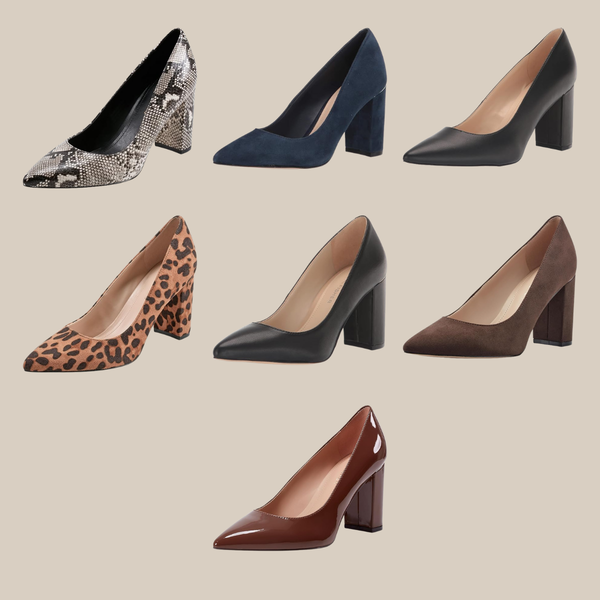 Six womens heeled pumps in different textures and colors displayed on a beige background snake print navy suede black leather leopard print black patent and brown Tldr winter work outfits are easier with seven closet staples kick crop pants office shoes in the same color a button down a merino sweater a third piece weatherproof boots and a work tote Pair the pants and shoes in one color then build the top half around a button down and a merino sweater with a  adjust my crown
