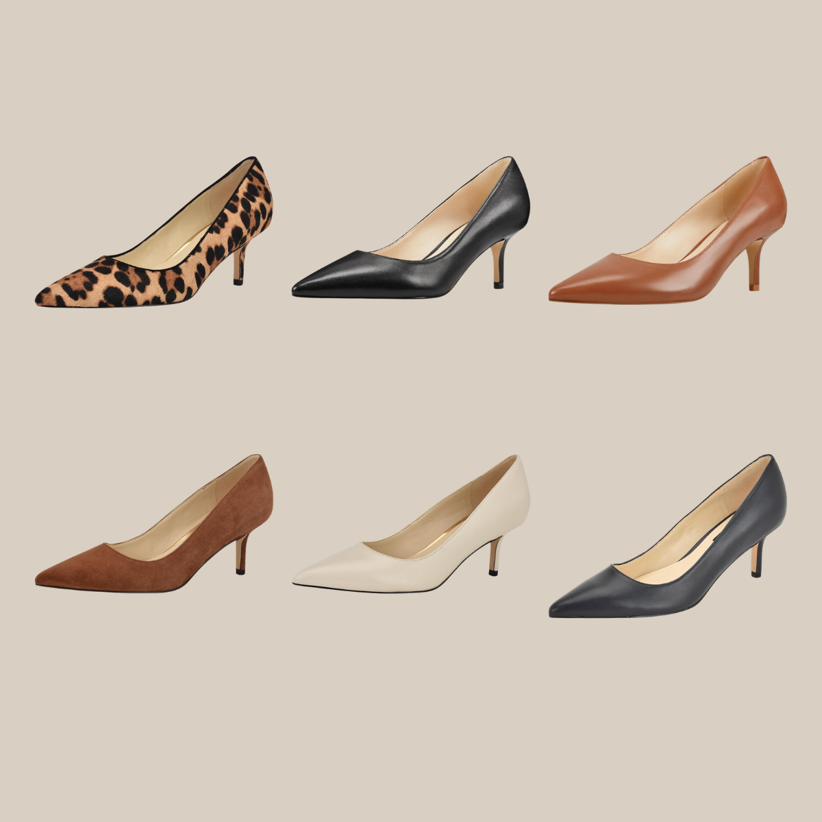 Six womens high heeled pumps in different colors and textures on a beige background leopard print black tan brown suede cream and navy leather Tldr winter work outfits are easier with seven closet staples kick crop pants office shoes in the same color a button down a merino sweater a third piece weatherproof boots and a work tote Pair the pants and shoes in one color then build the top half around a button down and a merino sweater with a  adjust my crown