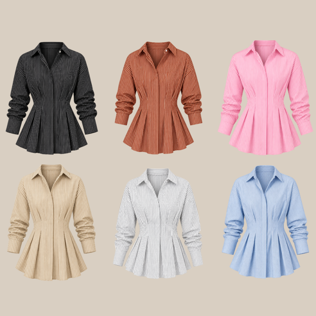 Six striped peplum blouses in black rust pink beige white and light blue arranged in two rows on a beige background Tldr winter work outfits are easier with seven closet staples kick crop pants office shoes in the same color a button down a merino sweater a third piece weatherproof boots and a work tote Pair the pants and shoes in one color then build the top half around a button down and a merino sweater with a  adjust my crown