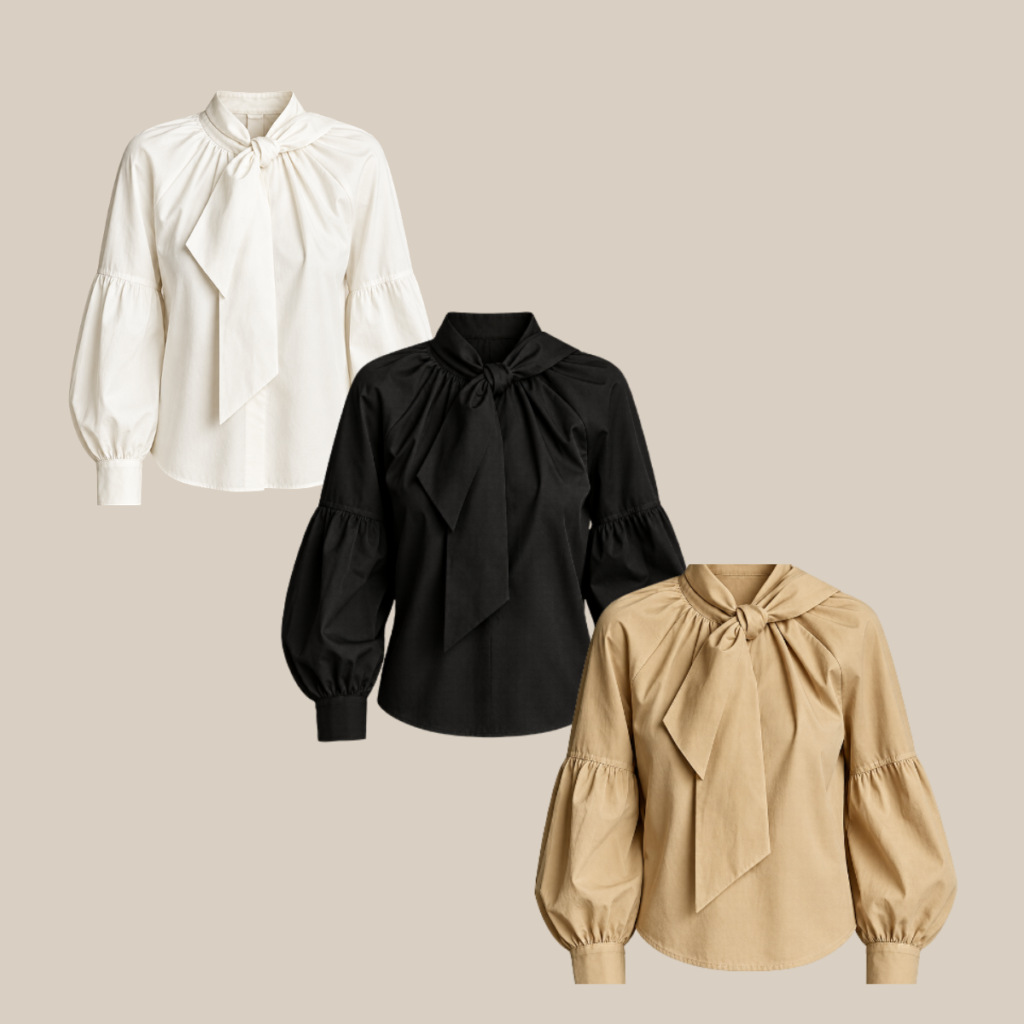 Three puff sleeve blouses with tied neck bows in white black and beige on a neutral background Tldr winter work outfits are easier with seven closet staples kick crop pants office shoes in the same color a button down a merino sweater a third piece weatherproof boots and a work tote Pair the pants and shoes in one color then build the top half around a button down and a merino sweater with a  adjust my crown