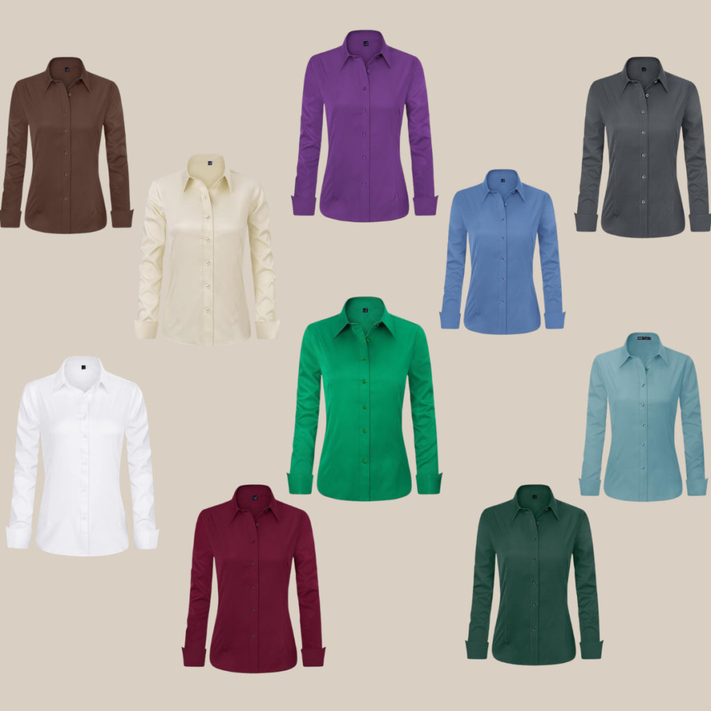 Assorted womens button down shirts in various colors on a beige background by a fashion display bedrock Tldr winter work outfits are easier with seven closet staples kick crop pants office shoes in the same color a button down a merino sweater a third piece weatherproof boots and a work tote Pair the pants and shoes in one color then build the top half around a button down and a merino sweater with a  adjust my crown