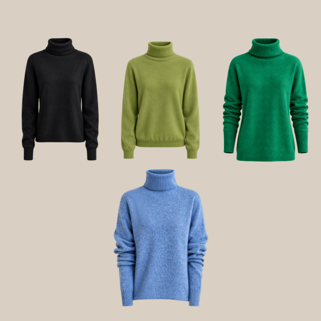 Four turtleneck sweaters in black olive bright green and blue displayed on a beige background Tldr winter work outfits are easier with seven closet staples kick crop pants office shoes in the same color a button down a merino sweater a third piece weatherproof boots and a work tote Pair the pants and shoes in one color then build the top half around a button down and a merino sweater with a  adjust my crown