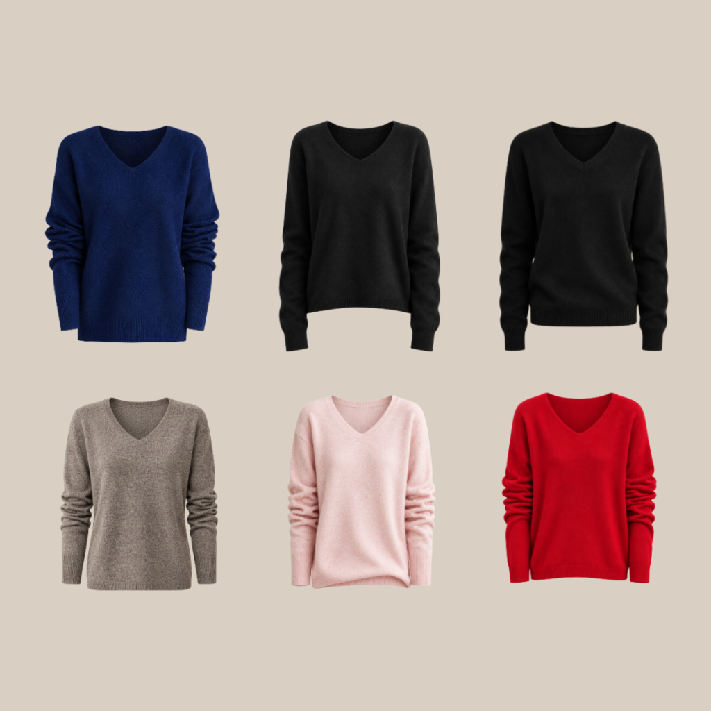 Six knit v neck sweaters in blue black charcoal taupe pale pink and red on a beige background arranged in two rows Tldr winter work outfits are easier with seven closet staples kick crop pants office shoes in the same color a button down a merino sweater a third piece weatherproof boots and a work tote Pair the pants and shoes in one color then build the top half around a button down and a merino sweater with a  adjust my crown