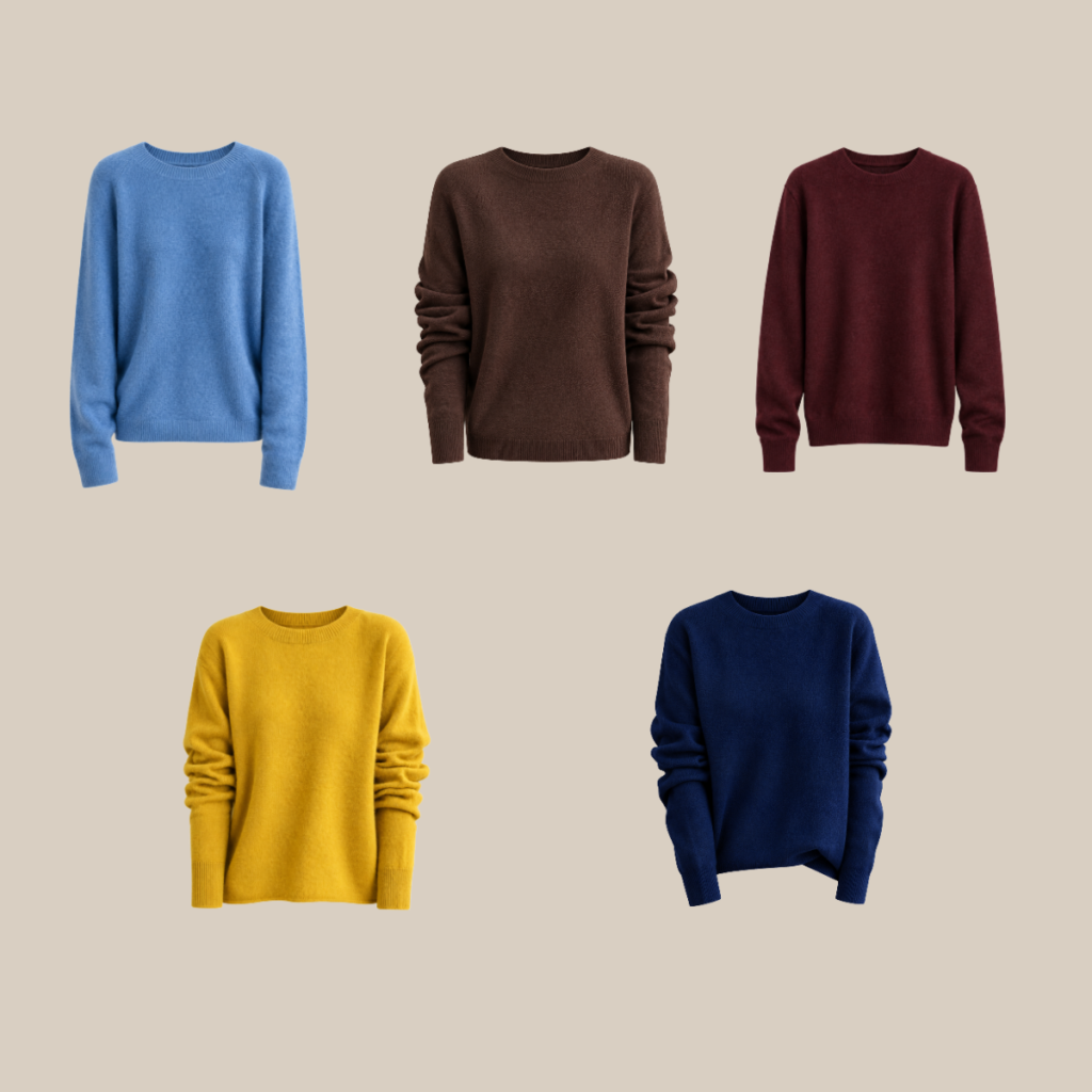 Five knit crewneck sweaters in blue brown burgundy yellow and navy displayed on a beige backdrop Tldr winter work outfits are easier with seven closet staples kick crop pants office shoes in the same color a button down a merino sweater a third piece weatherproof boots and a work tote Pair the pants and shoes in one color then build the top half around a button down and a merino sweater with a  adjust my crown