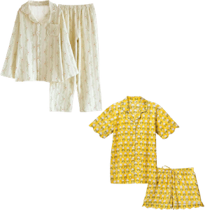 Two matching kids pajama sets cream long sleeve top with pants and a yellow floral short sleeve shirt with shorts Fall sets for every kind of sleeper tldr pick pajamas by how you sleep not by the print Hot sleepers gauze short sleeves or a light nightgown Cold sleepers long sleeves and full length pants Shop your sleep drawer first and keep what you actually reach for Torn between two sets Poll them in the adjust  adjust my crown
