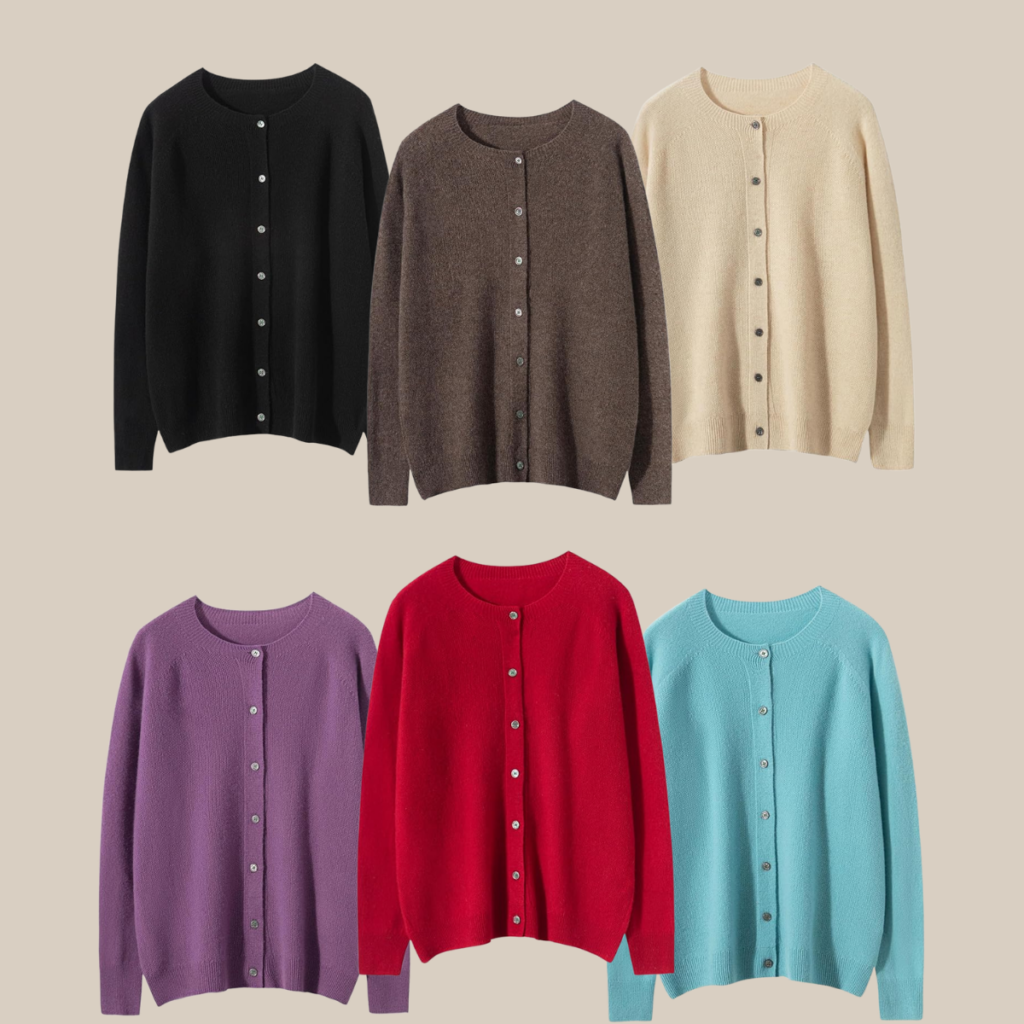 Six button front knit cardigans in black brown beige purple red and teal displayed on a beige background Tldr winter work outfits are easier with seven closet staples kick crop pants office shoes in the same color a button down a merino sweater a third piece weatherproof boots and a work tote Pair the pants and shoes in one color then build the top half around a button down and a merino sweater with a  adjust my crown