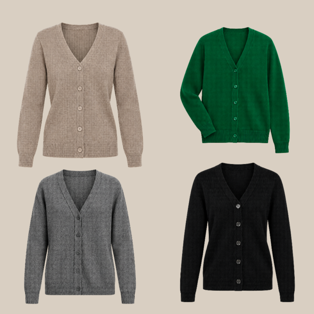 Four button front knit cardigans in beige green gray and black arranged in a 2x2 grid on a tan background Tldr winter work outfits are easier with seven closet staples kick crop pants office shoes in the same color a button down a merino sweater a third piece weatherproof boots and a work tote Pair the pants and shoes in one color then build the top half around a button down and a merino sweater with a  adjust my crown