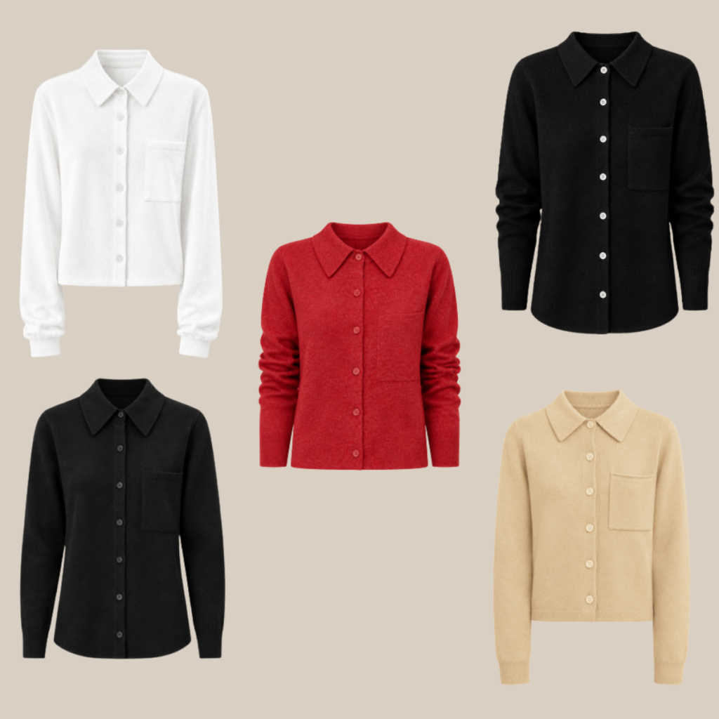 Five collared button front cardigans in white red black and beige each with a chest pocket arranged on a beige background Tldr winter work outfits are easier with seven closet staples kick crop pants office shoes in the same color a button down a merino sweater a third piece weatherproof boots and a work tote Pair the pants and shoes in one color then build the top half around a button down and a merino sweater with a  adjust my crown
