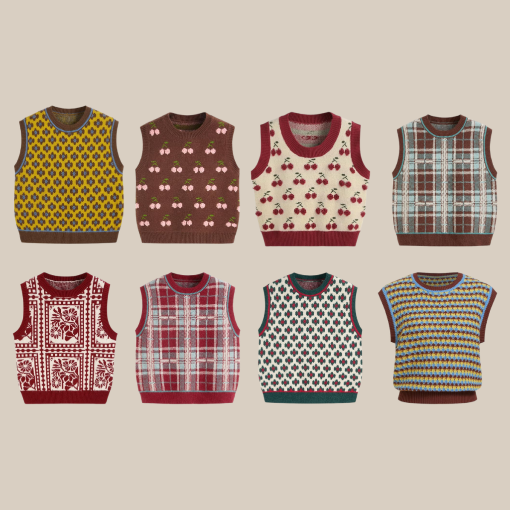 Eight knitted vests with colorful patterns flowers cherries plaid arranged on a beige background Tldr winter work outfits are easier with seven closet staples kick crop pants office shoes in the same color a button down a merino sweater a third piece weatherproof boots and a work tote Pair the pants and shoes in one color then build the top half around a button down and a merino sweater with a  adjust my crown