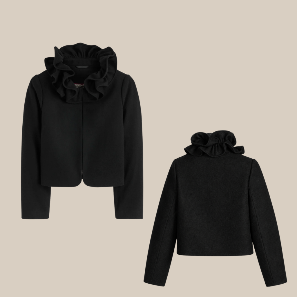 Two black jackets with a large ruffled stand collar shown from front and back on a beige background cropped blazer style Tldr winter work outfits are easier with seven closet staples kick crop pants office shoes in the same color a button down a merino sweater a third piece weatherproof boots and a work tote Pair the pants and shoes in one color then build the top half around a button down and a merino sweater with a  adjust my crown