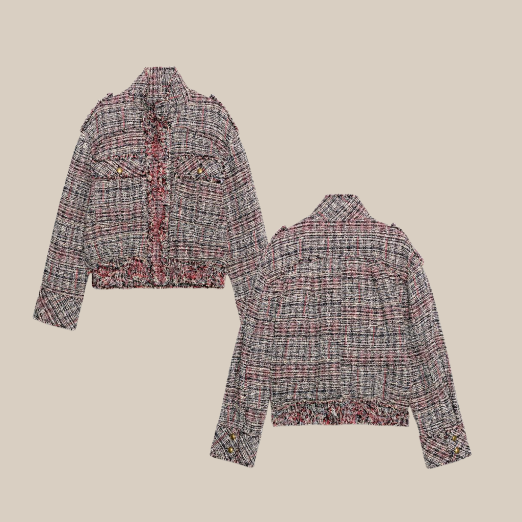 Two plaid tweed jackets shown from the front and back on a beige background cropped style with fringe hem and gold buttons detail front view left back view right Tldr winter work outfits are easier with seven closet staples kick crop pants office shoes in the same color a button down a merino sweater a third piece weatherproof boots and a work tote Pair the pants and shoes in one color then build the top half around a button down and a merino sweater with a  adjust my crown