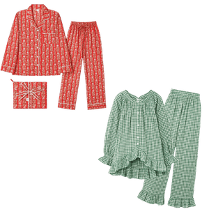 Two matching pajama sets red patterned top and pants plus a small matching pouch and a green plaid top and pants set Fall sets for every kind of sleeper tldr pick pajamas by how you sleep not by the print Hot sleepers gauze short sleeves or a light nightgown Cold sleepers long sleeves and full length pants Shop your sleep drawer first and keep what you actually reach for Torn between two sets Poll them in the adjust  adjust my crown