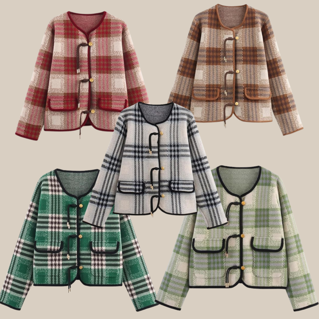 Five plaid wool jackets in red brown gray green and light green with toggle closures and front pockets on beige background fashion collection Tldr winter work outfits are easier with seven closet staples kick crop pants office shoes in the same color a button down a merino sweater a third piece weatherproof boots and a work tote Pair the pants and shoes in one color then build the top half around a button down and a merino sweater with a  adjust my crown