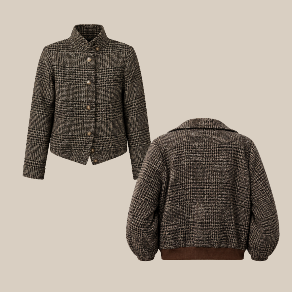 Brown plaid cropped jacket with large buttons shown from front and back highlighting textured fabric and ribbed brown hem Tldr winter work outfits are easier with seven closet staples kick crop pants office shoes in the same color a button down a merino sweater a third piece weatherproof boots and a work tote Pair the pants and shoes in one color then build the top half around a button down and a merino sweater with a  adjust my crown
