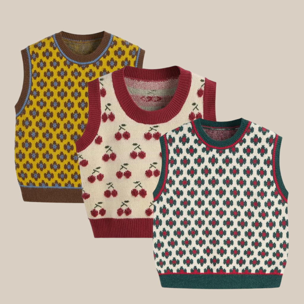 Three sleeveless knit vests in varying colorways yellow with blue flower motifs and brown trim cream with red cherry accents and burgundy trim and cream with tealred floral pattern and teal hem Tldr winter work outfits are easier with seven closet staples kick crop pants office shoes in the same color a button down a merino sweater a third piece weatherproof boots and a work tote Pair the pants and shoes in one color then build the top half around a button down and a merino sweater with a  adjust my crown