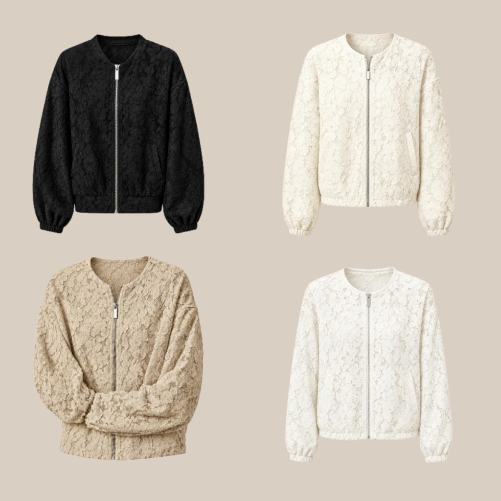 Four lace bomber jackets in black ivory beige and off white with silver zippers on a beige background Tldr winter work outfits are easier with seven closet staples kick crop pants office shoes in the same color a button down a merino sweater a third piece weatherproof boots and a work tote Pair the pants and shoes in one color then build the top half around a button down and a merino sweater with a  adjust my crown