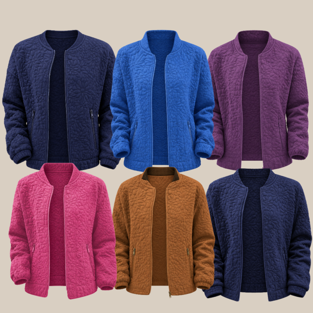Six quilted zip up jackets in different colors displayed on a beige background navy royal blue plum pink tan brown and dark navy Tldr winter work outfits are easier with seven closet staples kick crop pants office shoes in the same color a button down a merino sweater a third piece weatherproof boots and a work tote Pair the pants and shoes in one color then build the top half around a button down and a merino sweater with a  adjust my crown