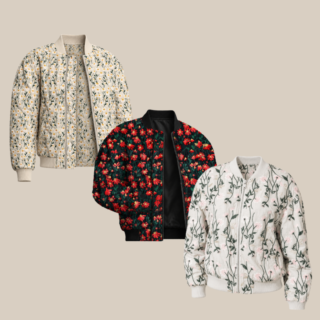Three floral bomber jackets cream with yellow flowers black with red flowers and pale pink with green vines Tldr winter work outfits are easier with seven closet staples kick crop pants office shoes in the same color a button down a merino sweater a third piece weatherproof boots and a work tote Pair the pants and shoes in one color then build the top half around a button down and a merino sweater with a  adjust my crown