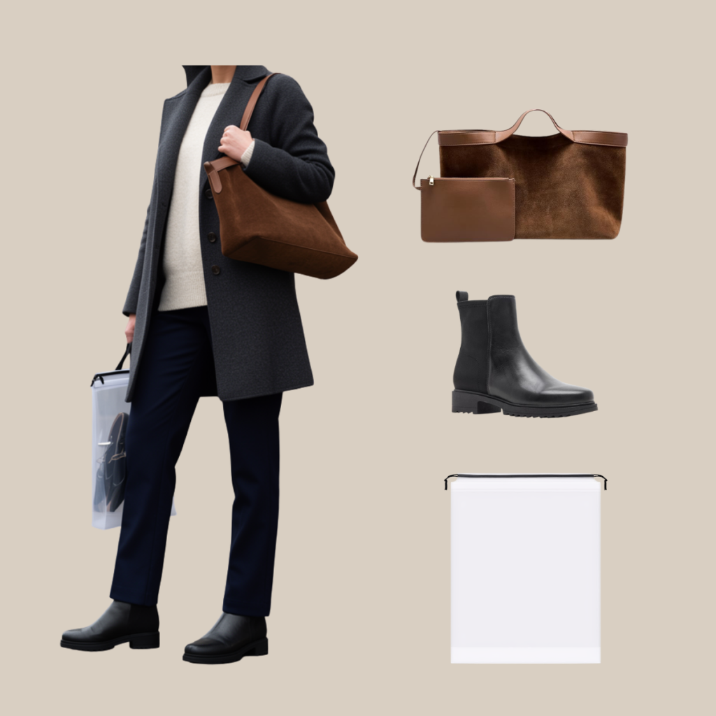 Full body view of a woman in a dark coat and navy pants carrying a brown tote on the right are a brown handbag with a matching pouch black ankle boots and a white zippered pouch on a beige background Tldr winter work outfits are easier with seven closet staples kick crop pants office shoes in the same color a button down a merino sweater a third piece weatherproof boots and a work tote Pair the pants and shoes in one color then build the top half around a button down and a merino sweater with a  adjust my crown