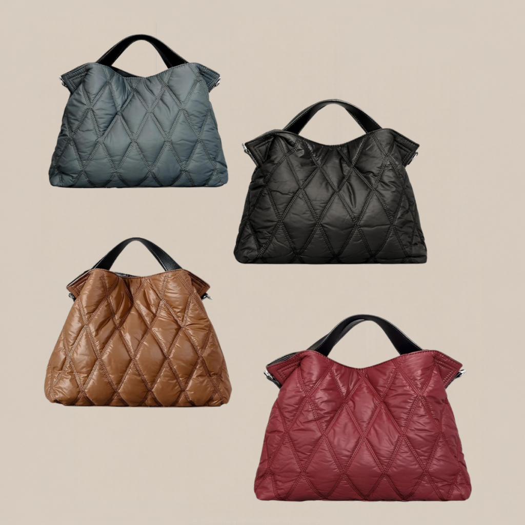 Four quilted tote bags in blue black brown and burgundy with short black handles on a beige backdrop Tldr winter work outfits are easier with seven closet staples kick crop pants office shoes in the same color a button down a merino sweater a third piece weatherproof boots and a work tote Pair the pants and shoes in one color then build the top half around a button down and a merino sweater with a  adjust my crown