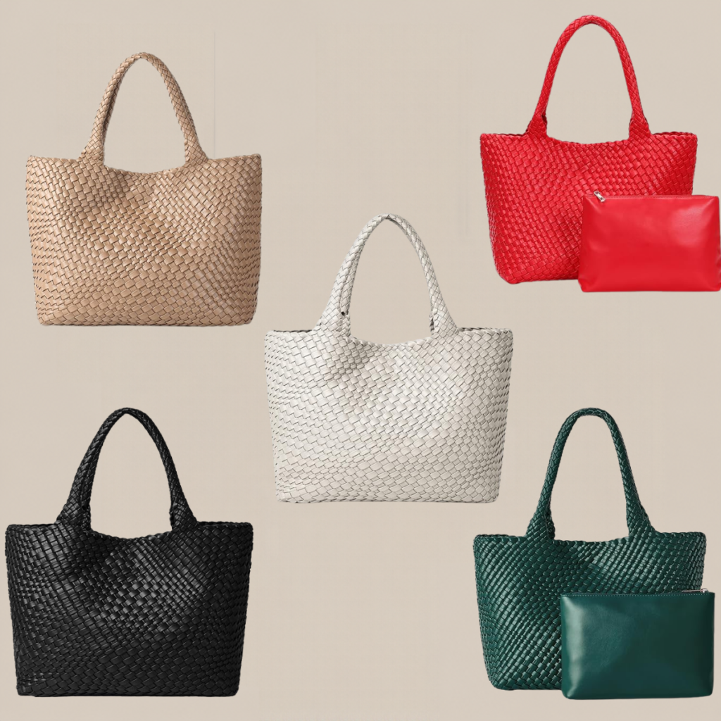 Set of five woven tote bags in beige white black green and red with matching color pouches beside the red bag Tldr winter work outfits are easier with seven closet staples kick crop pants office shoes in the same color a button down a merino sweater a third piece weatherproof boots and a work tote Pair the pants and shoes in one color then build the top half around a button down and a merino sweater with a  adjust my crown