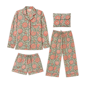 Floral printed pink pajama set button front long sleeve top with collar long pants shorts and a matching sleep mask Fall sets for every kind of sleeper tldr pick pajamas by how you sleep not by the print Hot sleepers gauze short sleeves or a light nightgown Cold sleepers long sleeves and full length pants Shop your sleep drawer first and keep what you actually reach for Torn between two sets Poll them in the adjust  adjust my crown