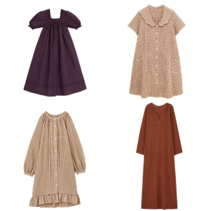 Two tone grid of four dresses top left is a short sleeve dark purple dress top right beige gingham shirt dress bottom left beige striped dress with ruffle hem bottom right rust colored long sleeve dress Fall sets for every kind of sleeper tldr pick pajamas by how you sleep not by the print Hot sleepers gauze short sleeves or a light nightgown Cold sleepers long sleeves and full length pants Shop your sleep drawer first and keep what you actually reach for Torn between two sets Poll them in the adjust  adjust my crown