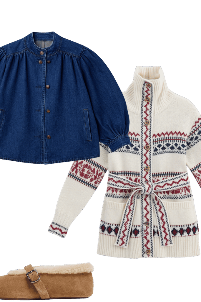 Dark blue denim jacket paired with a cream nordic pattern knitted cardigan and tan shearling slippers suggest a cozy fall outfit Fall sets for every kind of sleeper tldr pick pajamas by how you sleep not by the print Hot sleepers gauze short sleeves or a light nightgown Cold sleepers long sleeves and full length pants Shop your sleep drawer first and keep what you actually reach for Torn between two sets Poll them in the adjust  adjust my crown