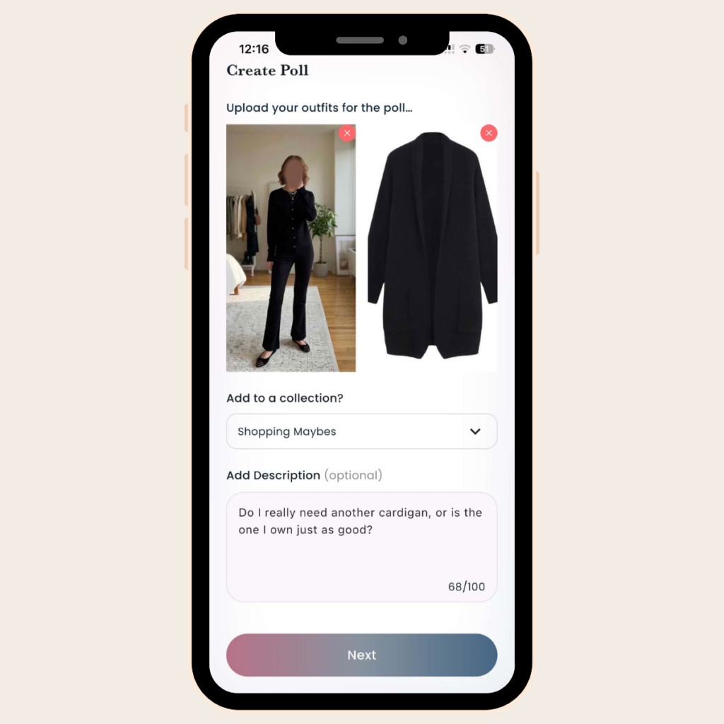 Mobile app screen for creating a poll to compare outfits showing two uploaded images a person in all black outfit and a black cardigan coat on the right tldr winter work outfits are easier with seven closet staples kick crop pants office shoes in the same color a button down a merino sweater a third piece weatherproof boots and a work tote Pair the pants and shoes in one color then build the top half around a button down and a merino sweater with a  adjust my crown