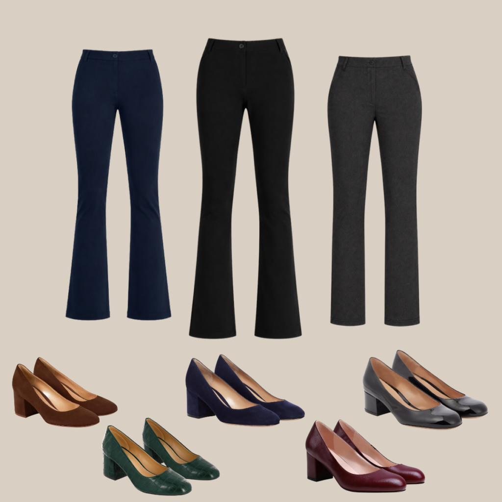 Three pairs of womens pants navy black charcoal with six pairs of heeled pumps in brown navy gray green burgundy and black beneath them Tldr winter work outfits are easier with seven closet staples kick crop pants office shoes in the same color a button down a merino sweater a third piece weatherproof boots and a work tote Pair the pants and shoes in one color then build the top half around a button down and a merino sweater with a  adjust my crown