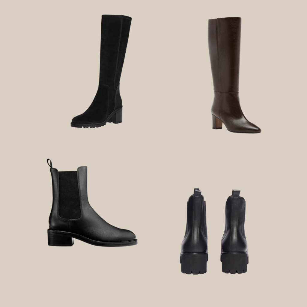 Collage of four womens boots top left black knee high suede with block heel top right brown tall leather boot bottom left black chelsea boot bottom right black lug sole boot rear view on beige background tldr winter work outfits are easier with seven closet staples kick crop pants office shoes in the same color a button down a merino sweater a third piece weatherproof boots and a work tote Pair the pants and shoes in one color then build the top half around a button down and a merino sweater with a  adjust my crown