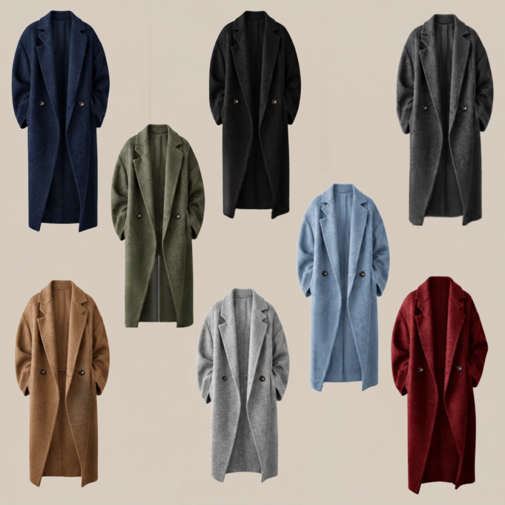 Nine long wool coats in various colors arranged on a neutral backdrop showing navy olive black charcoal camel light gray powder blue dark red and medium gray coats Each coat features a double breasted front with dark buttons Tldr winter work outfits are easier with seven closet staples kick crop pants office shoes in the same color a button down a merino sweater a third piece weatherproof boots and a work tote Pair the pants and shoes in one color then build the top half around a button down and a merino sweater with a  adjust my crown