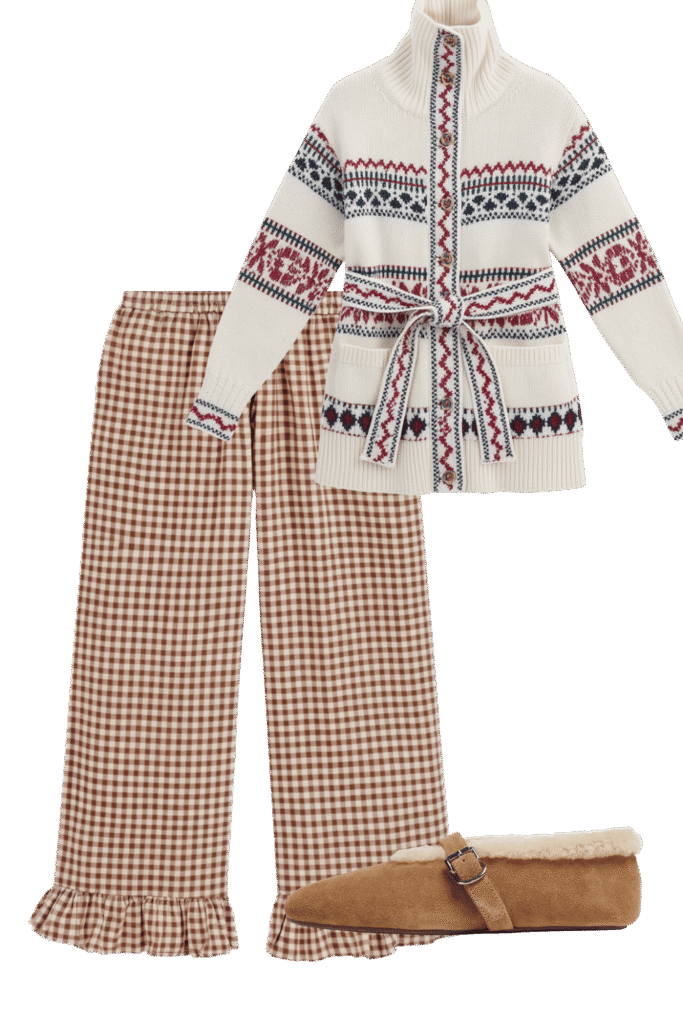 Cream nordic pattern cardigan with belt paired with brown gingham wide leg pants and tan shearling slippers Fall sets for every kind of sleeper tldr pick pajamas by how you sleep not by the print Hot sleepers gauze short sleeves or a light nightgown Cold sleepers long sleeves and full length pants Shop your sleep drawer first and keep what you actually reach for Torn between two sets Poll them in the adjust  adjust my crown
