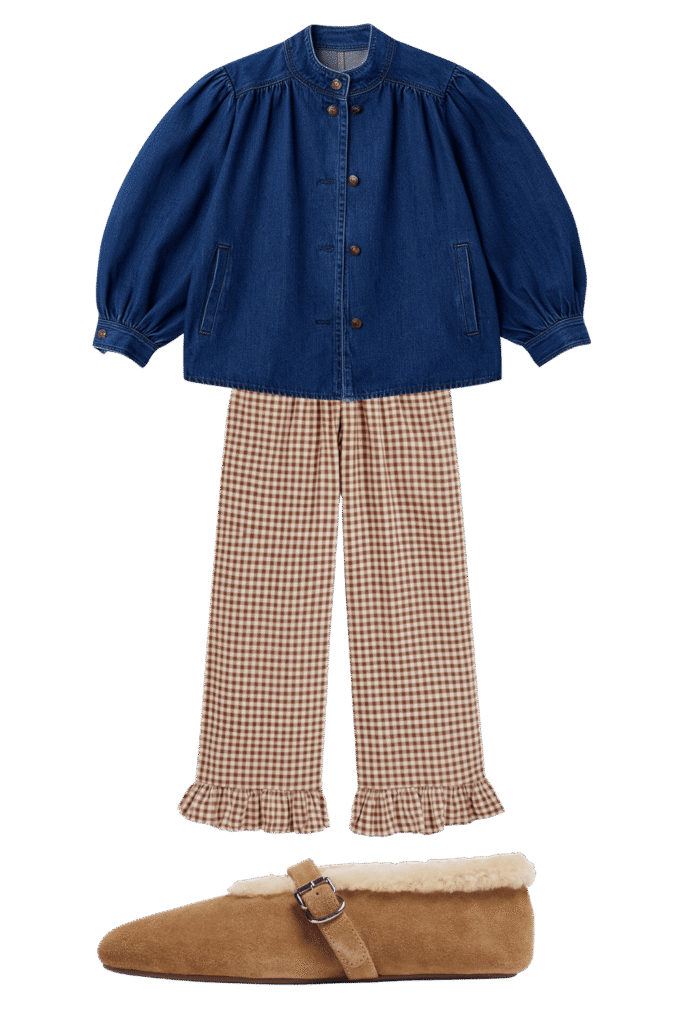 Child sized denim jacket with puffed sleeves paired with brown gingham pants and tan shearling lined slippers This outfit is a complete fallwarm outfit for a young child Fall sets for every kind of sleeper tldr pick pajamas by how you sleep not by the print Hot sleepers gauze short sleeves or a light nightgown Cold sleepers long sleeves and full length pants Shop your sleep drawer first and keep what you actually reach for Torn between two sets Poll them in the adjust  adjust my crown