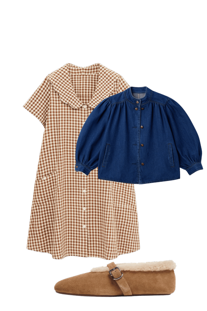 Coordinated kids outfit brown gingham dress blue denim jacket and tan shearling slippers Fall sets for every kind of sleeper tldr pick pajamas by how you sleep not by the print Hot sleepers gauze short sleeves or a light nightgown Cold sleepers long sleeves and full length pants Shop your sleep drawer first and keep what you actually reach for Torn between two sets Poll them in the adjust  adjust my crown