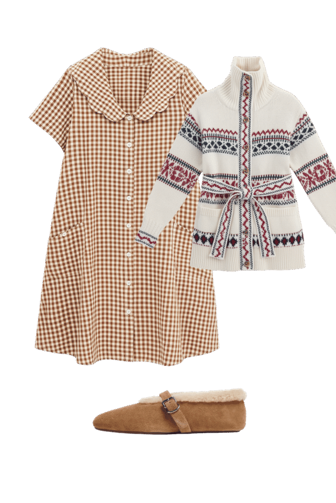 Brown and white gingham button front dress paired with a cream patterned knit cardigan and tan shearling slippers as a cozy outfit set Fall sets for every kind of sleeper tldr pick pajamas by how you sleep not by the print Hot sleepers gauze short sleeves or a light nightgown Cold sleepers long sleeves and full length pants Shop your sleep drawer first and keep what you actually reach for Torn between two sets Poll them in the adjust  adjust my crown
