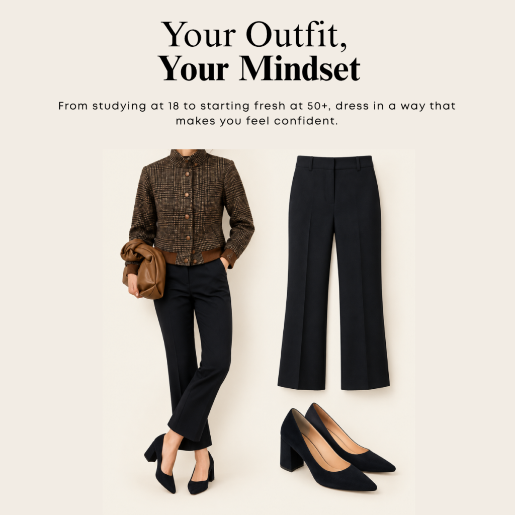 Outfit ensemble brown plaid buttoned jacket with belt black trousers black heels and a brown clutch against a light background Tldr winter work outfits get tricky because of layers unpredictable office temperatures and the commute If you insist on a formula try a monochrome base kick crop pants and matching shoes a merino sweater in your best neckline a third piece and your weather layer Accessories after that to show who you are The best  adjust my crown