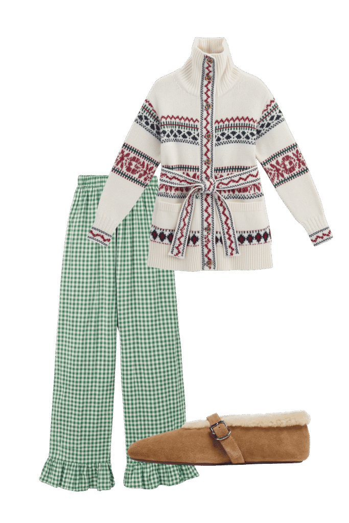 Cozy cream cardigan with nordic knit pattern belt tied waist paired with green gingham wide leg pants and brown shearling slippers fall sets for every kind of sleeper tldr pick pajamas by how you sleep not by the print Hot sleepers gauze short sleeves or a light nightgown Cold sleepers long sleeves and full length pants Shop your sleep drawer first and keep what you actually reach for Torn between two sets Poll them in the adjust  adjust my crown