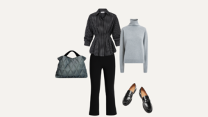 Outfit ensemble black and white striped blouse wide leg black pants light blue turtleneck quilted gray handbag black loafers tldr winter work outfits are easier with seven closet staples kick crop pants office shoes in the same color a button down a merino sweater a third piece weatherproof boots and a work tote Pair the pants and shoes in one color then build the top half around a button down and a merino sweater with a  adjust my crown
