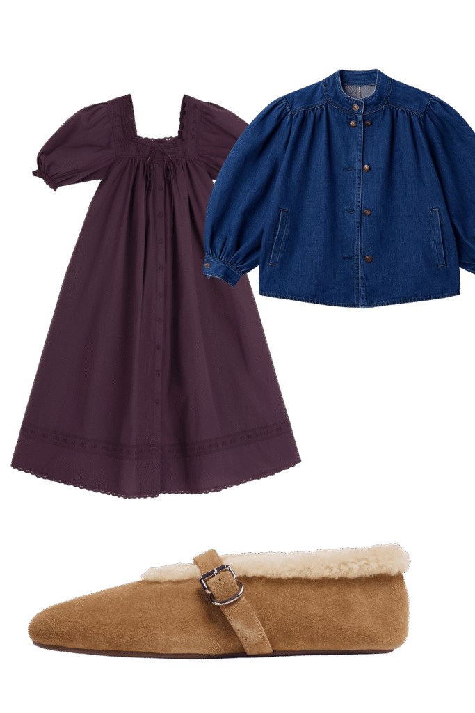 Purple knee length dress with puff sleeves and decorative trim paired with a blue denim jacket and a tan shearling lined slipper with buckle Fall sets for every kind of sleeper tldr pick pajamas by how you sleep not by the print Hot sleepers gauze short sleeves or a light nightgown Cold sleepers long sleeves and full length pants Shop your sleep drawer first and keep what you actually reach for Torn between two sets Poll them in the adjust  adjust my crown